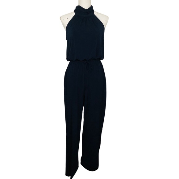 ENFOCUS STUDIO Navy Blue Sleeveless Halter Elastic Tie Waist Stretch Jumpsuit 6 - Picture 11 of 11